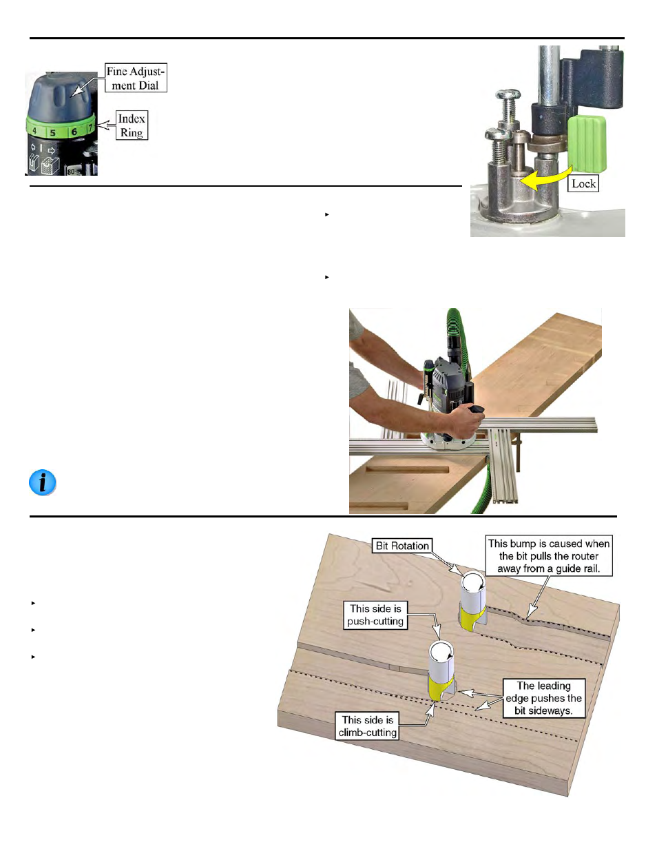 Fixed depth using the turret latch, Plunge routing, Plough cuts | Festool Plunge OF 2200 EB User Manual | Page 13 / 24