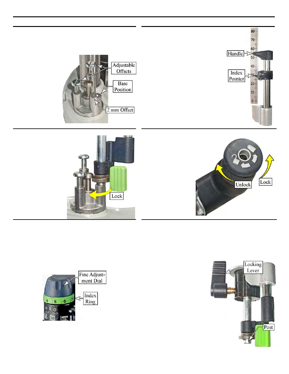 Plunge components, Depth stop turret, Turret latching lever | Fine adjustment dial, Plunge depth gauge, Plunge lock knob, Depth stop locking lever and post | Festool Plunge OF 2200 EB User Manual | Page 8 / 24