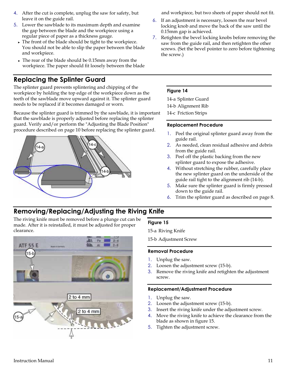 Replacing the splinter guard, Removing/replacing/adjusting the riving knife, Ge 11 for m | Festool ATF 55E User Manual | Page 11 / 21