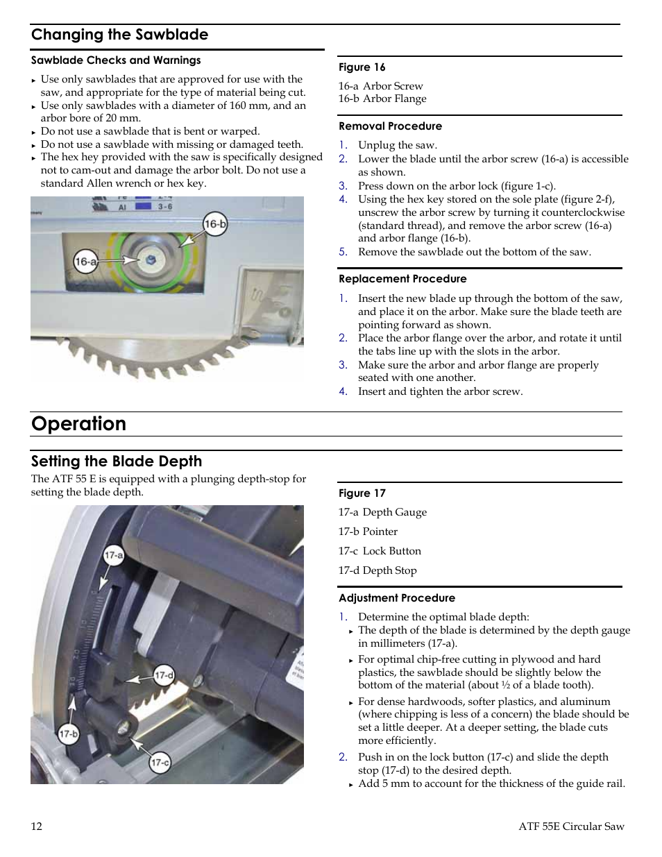 Changing the sawblade, Operation, Setting the blade depth | Festool ATF 55E User Manual | Page 12 / 21