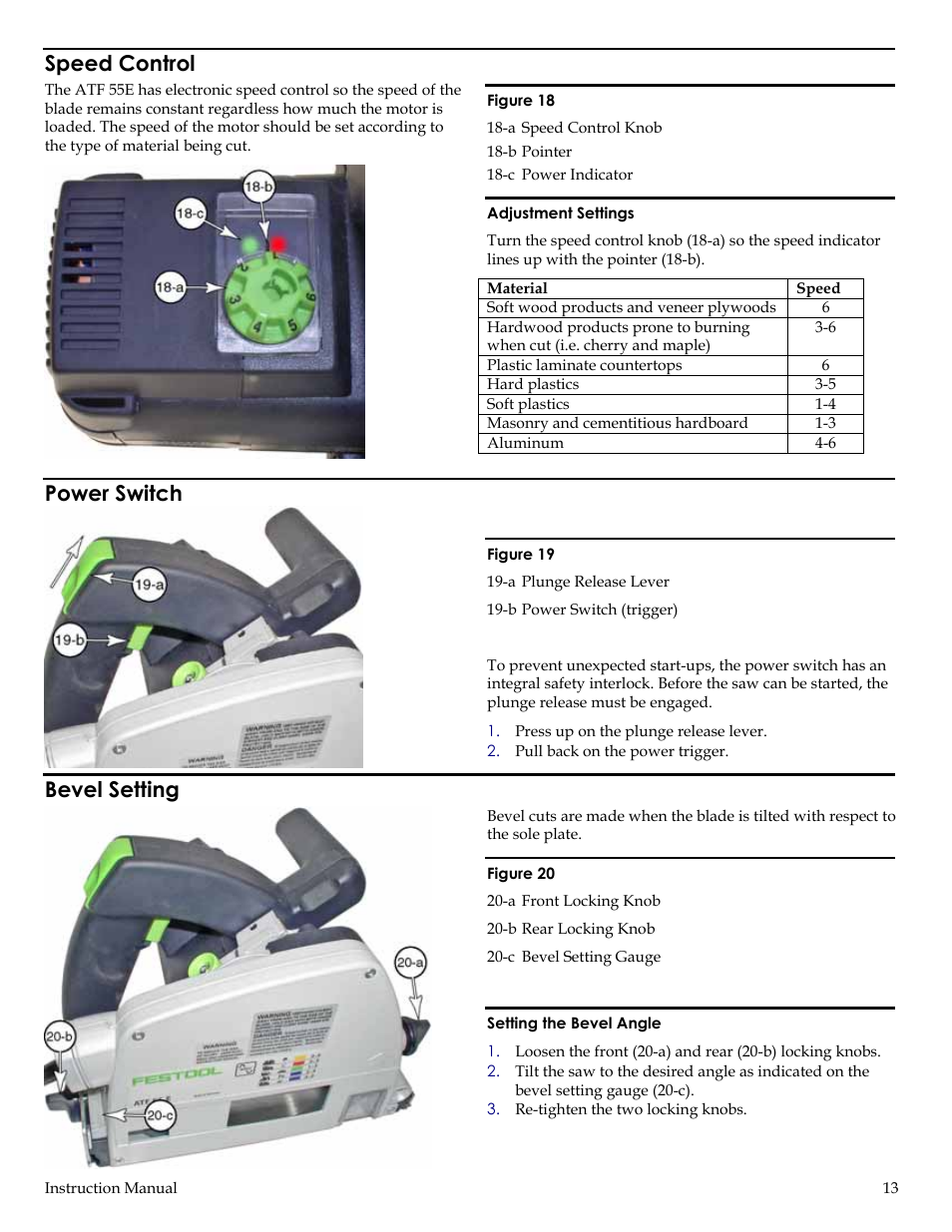 Speed control, Power switch, Bevel setting | Festool ATF 55E User Manual | Page 13 / 21