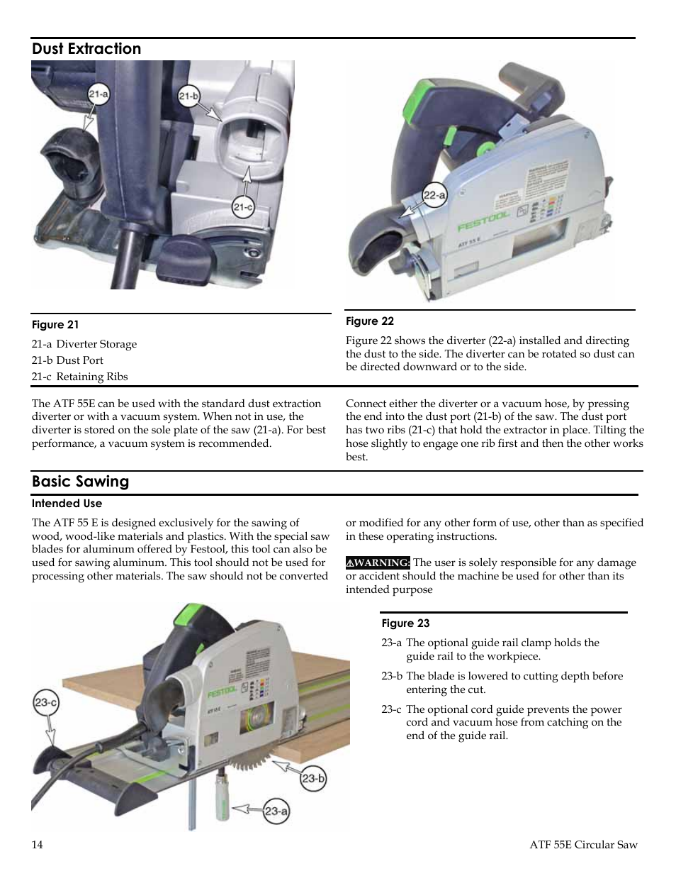 Dust extraction, Basic sawing | Festool ATF 55E User Manual | Page 14 / 21