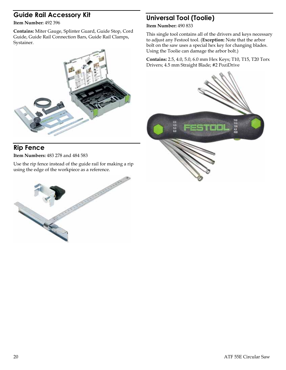 Guide rail accessory kit, Rip fence, Universal tool (toolie) | Festool ATF 55E User Manual | Page 20 / 21