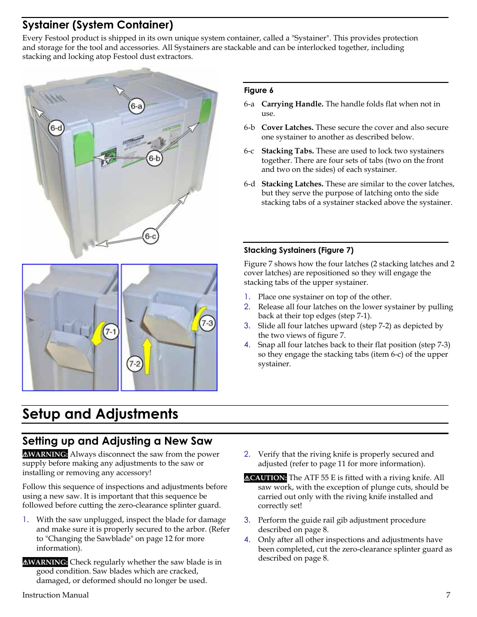 Systainer (system container), Setup and adjustments, Setting up and adjusting a new saw | Festool ATF 55E User Manual | Page 7 / 21