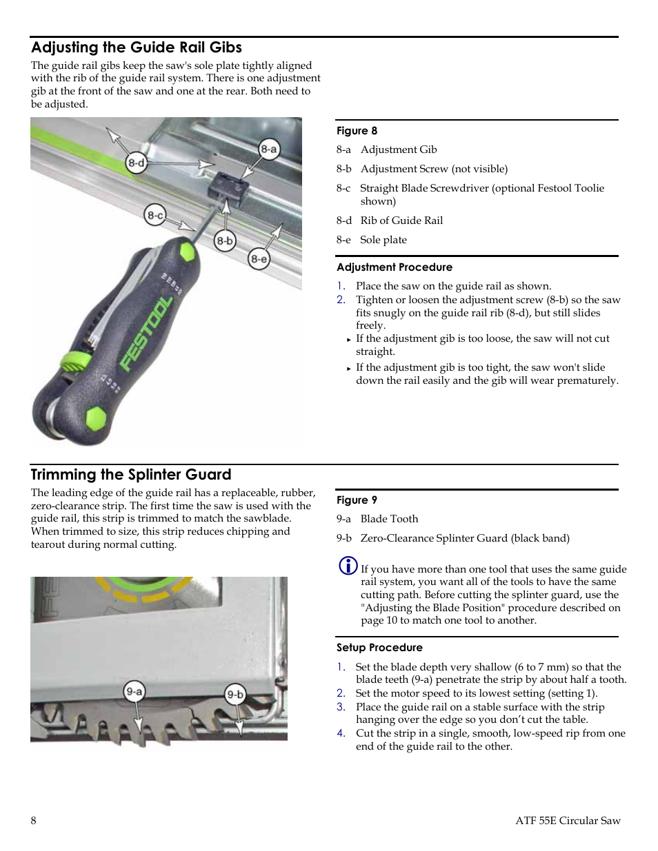 Adjusting the guide rail gibs, Trimming the splinter guard | Festool ATF 55E User Manual | Page 8 / 21