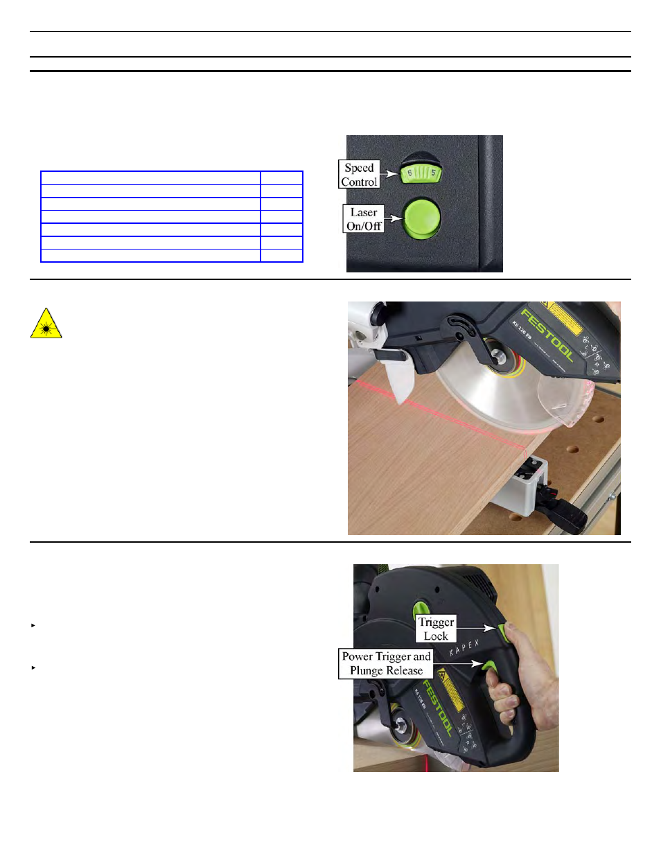 Basic operation, Setting the motor speed, Using the laser guides | Power trigger and plunge release | Festool Kapex KS 120 User Manual | Page 11 / 32