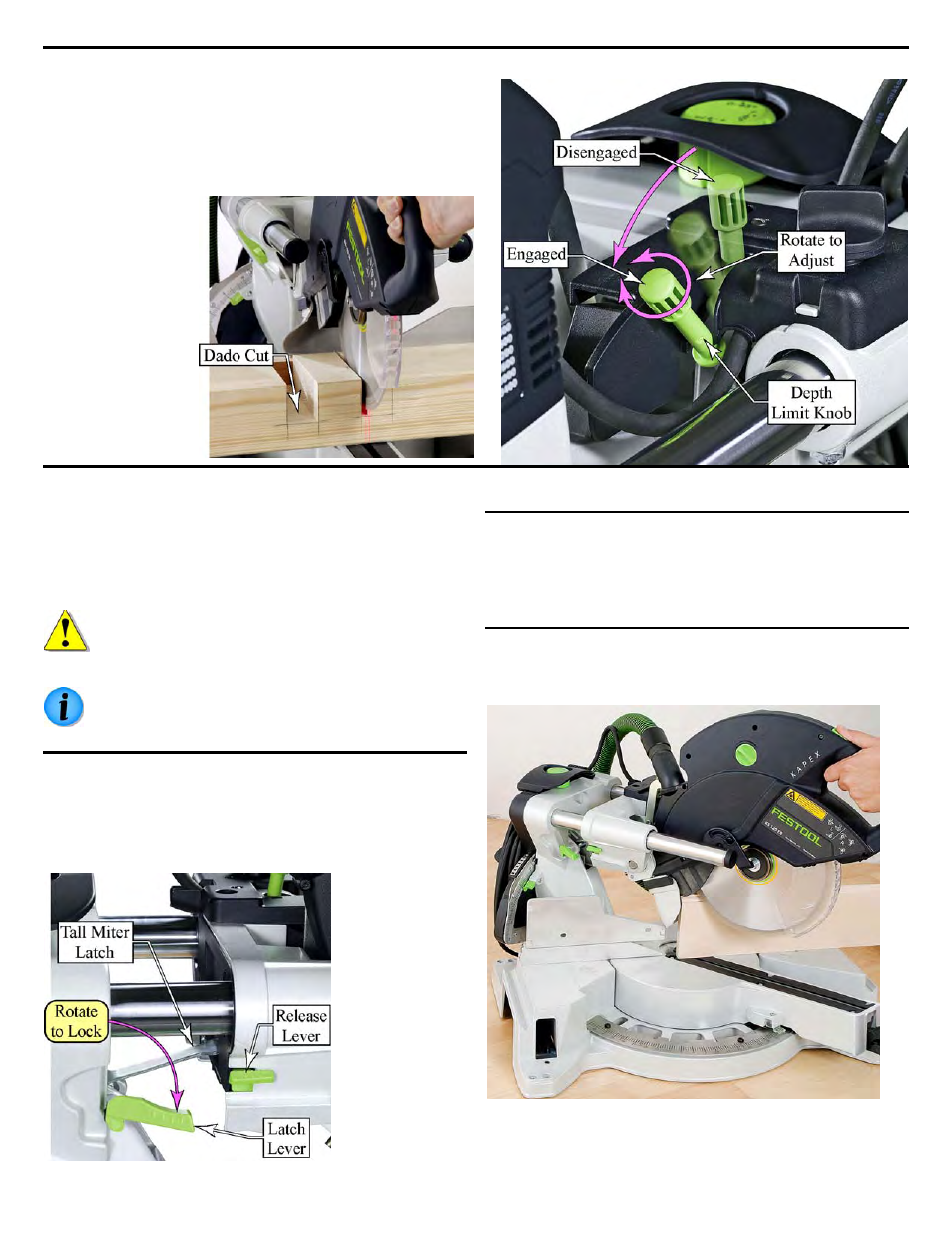 Setting the depth limit, Using the tall miter latch | Festool Kapex KS 120 User Manual | Page 14 / 32