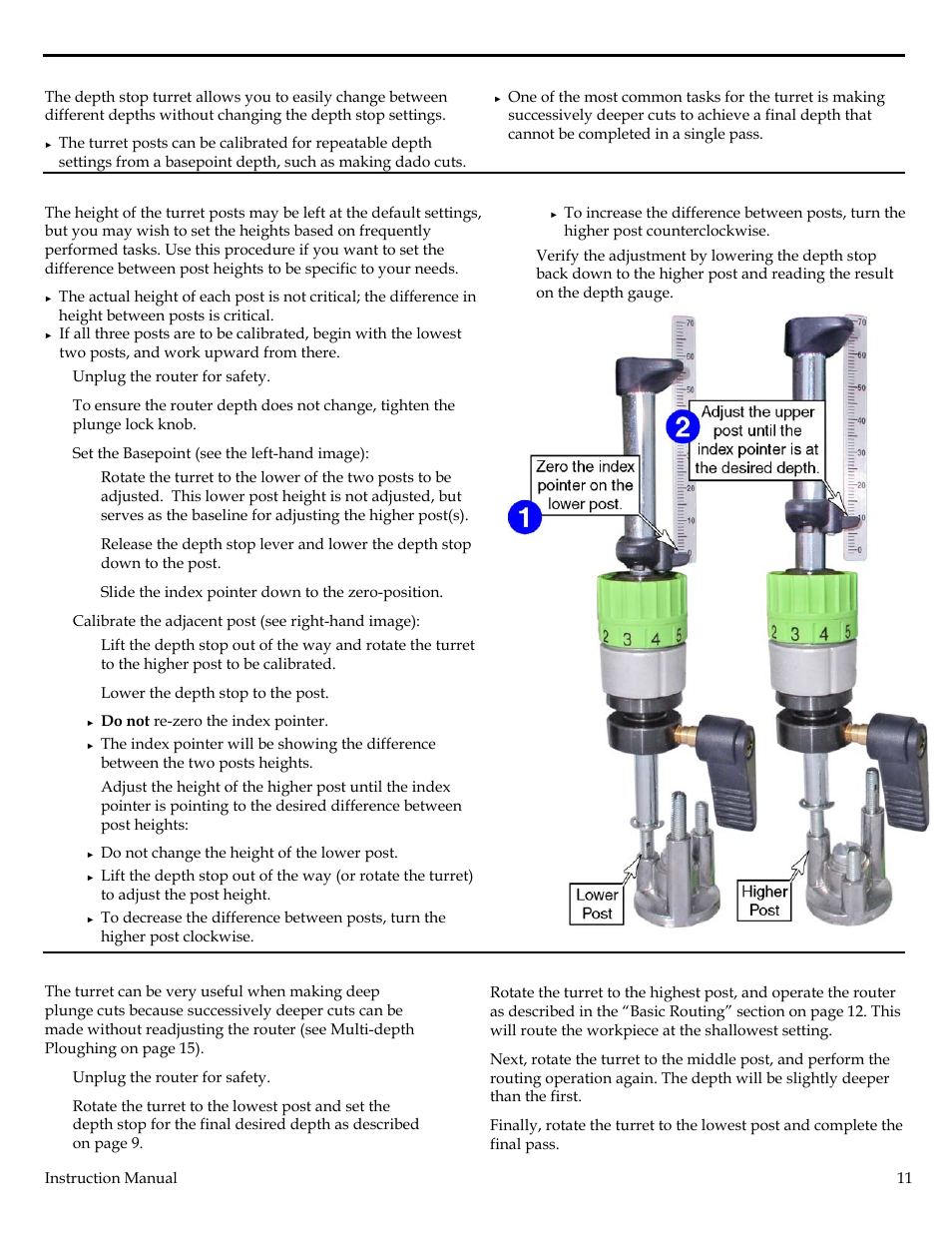 Using the depth stop turret, Calibrating the turret posts, Using the turret for successive depths | Festool Plunge Router I User Manual | Page 11 / 27