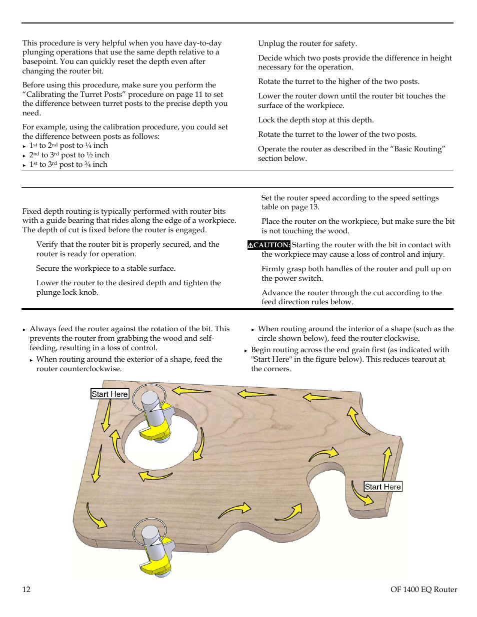 Using the turret for precision depths, Basic routing, Fixed depth | Feed direction rules, Refer to the, Section on pag, 12 for, Ge 12, E “basic routing | Festool Plunge Router I User Manual | Page 12 / 27