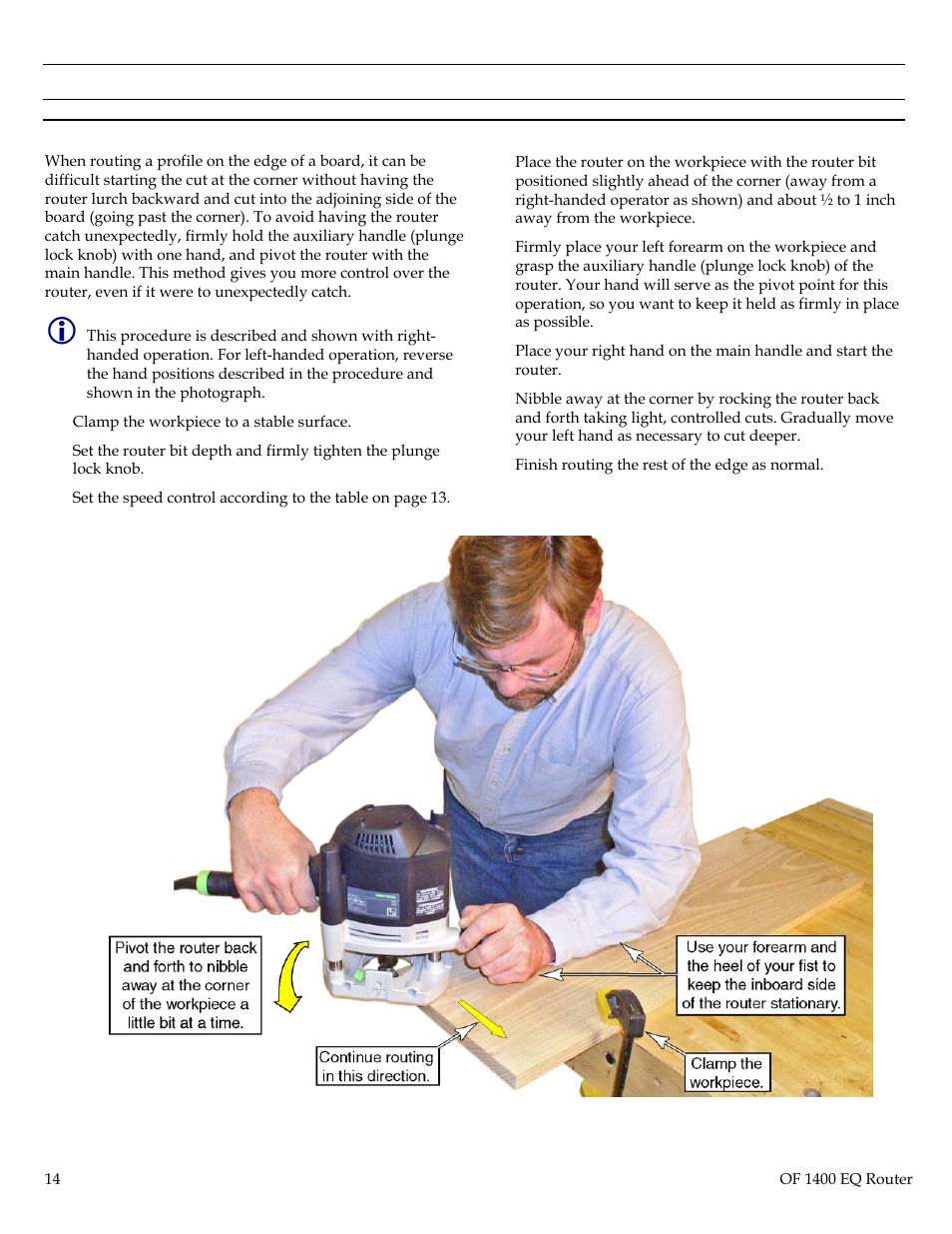 Advanced routing techniques, Starting a cut near a corner | Festool Plunge Router I User Manual | Page 14 / 27
