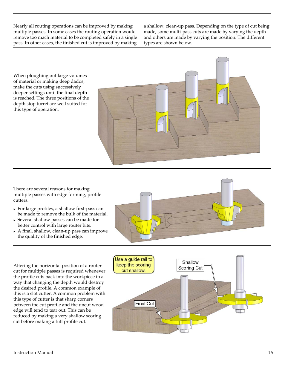 Multi-pass cuts, Multi-depth ploughing, Multi-depth profiles | Multi-position (horizontal) profiles | Festool Plunge Router I User Manual | Page 15 / 27