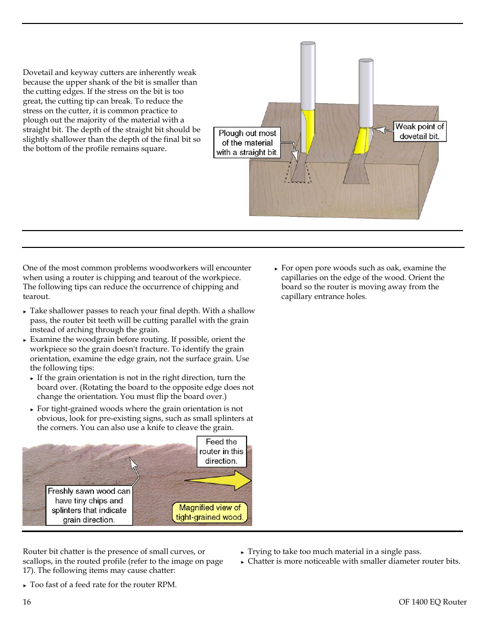 Pre-cutting dovetails and keyways, Tips for successful routing, Chipping and tearout | Chatter | Festool Plunge Router I User Manual | Page 16 / 27