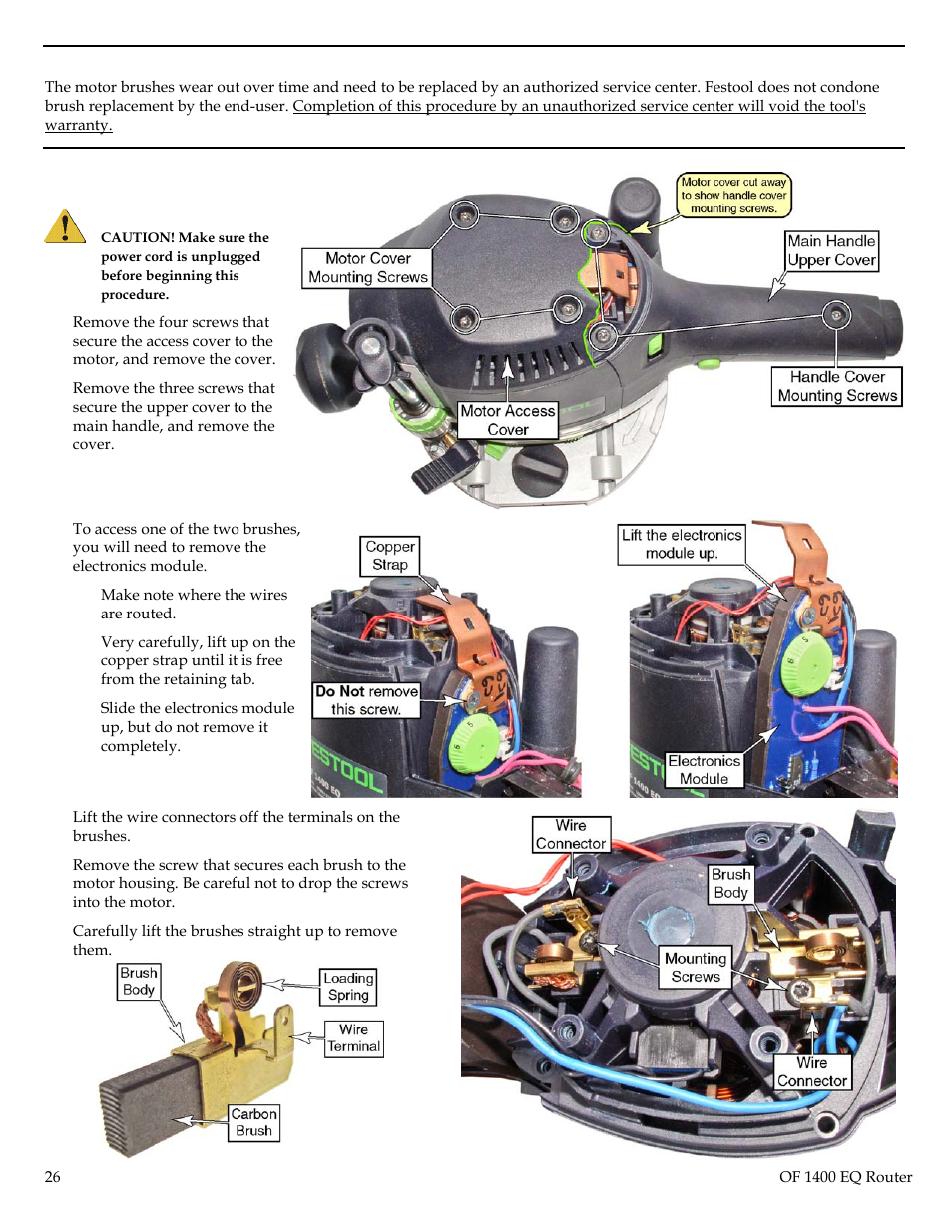 Changing the motor brushes, R brushes changing the moto | Festool Plunge Router I User Manual | Page 26 / 27