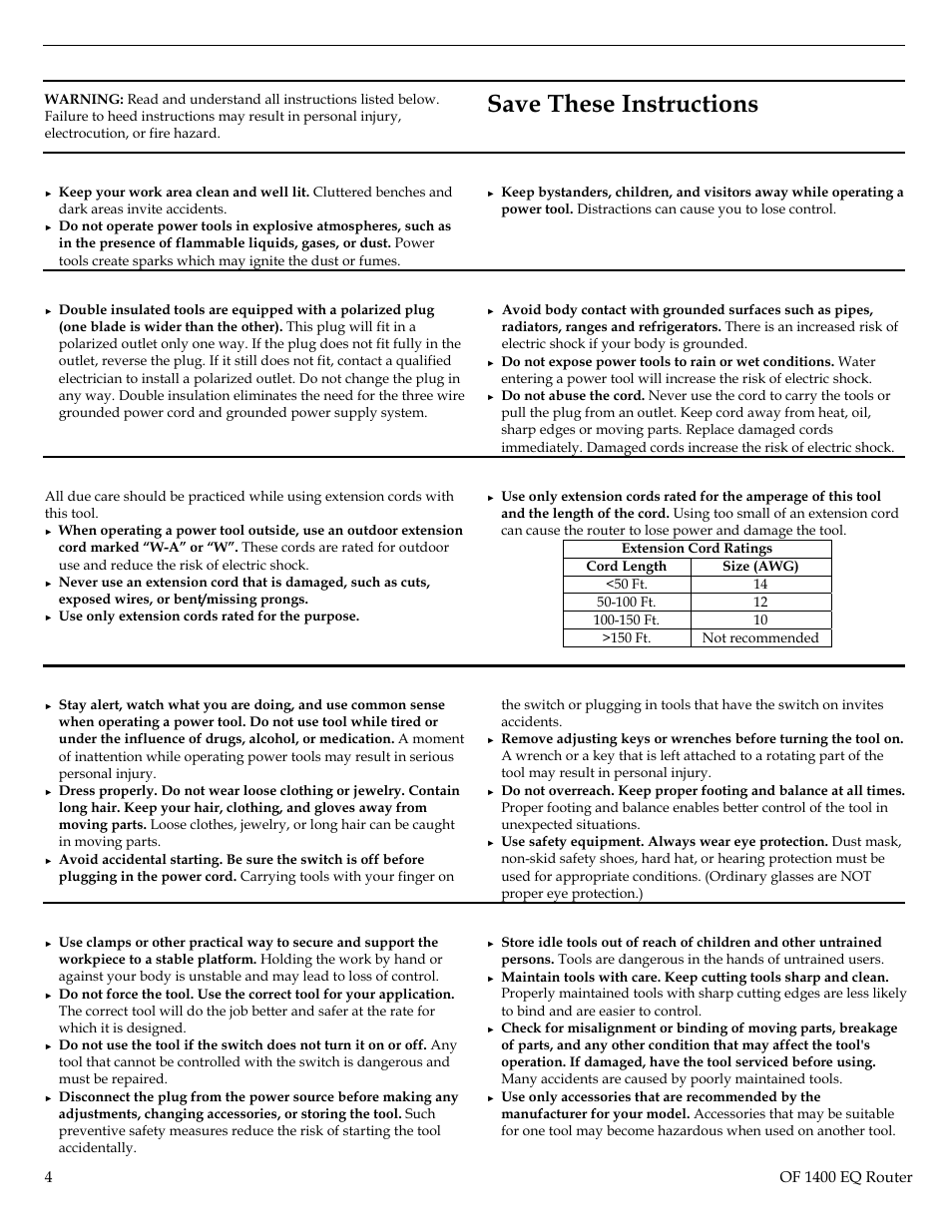 General safety rules, Work area safety, Electrical safety | Extension cords, Personal safety, Tool use and care, Save these instructions | Festool Plunge Router I User Manual | Page 4 / 27