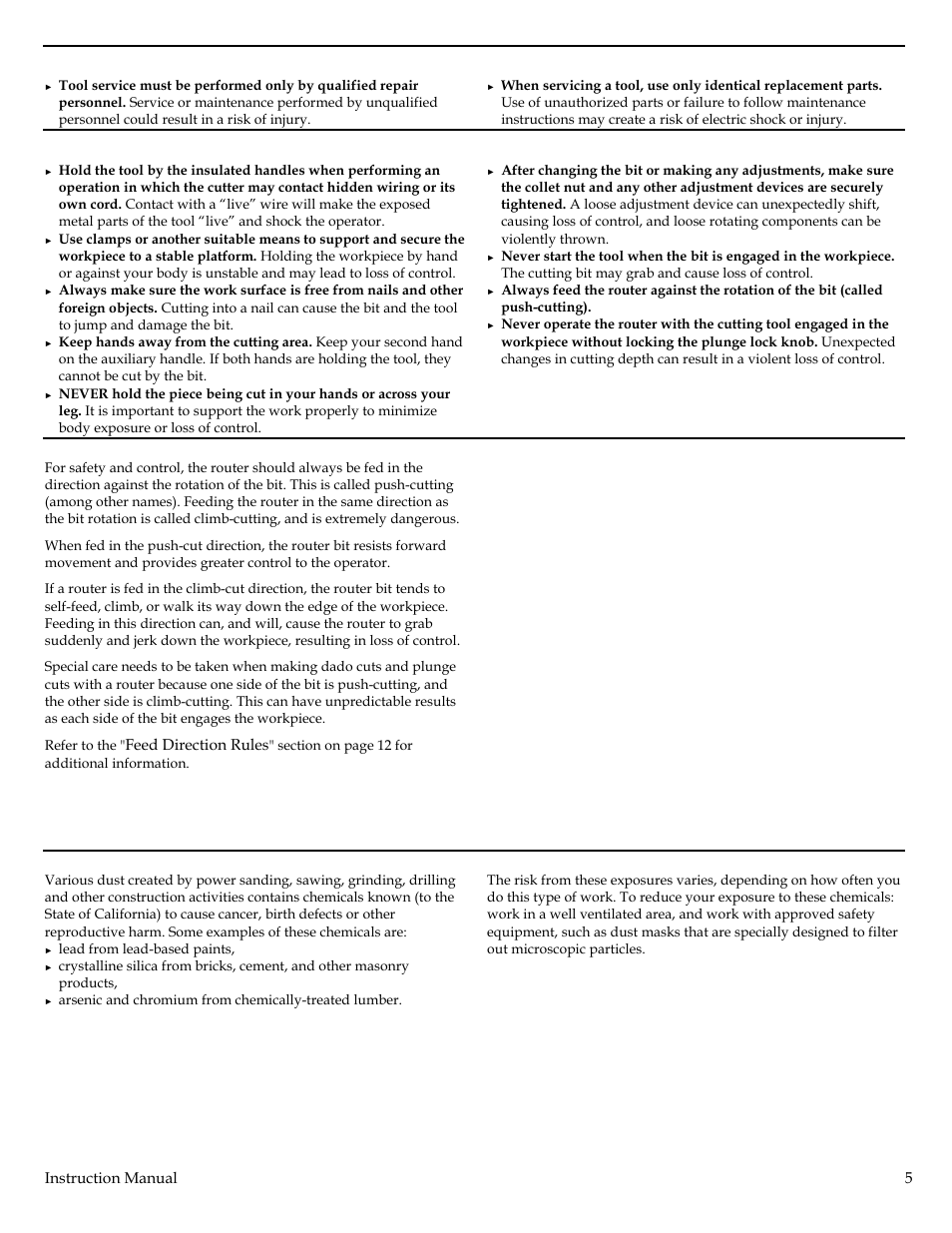Service, Specific safety rules for routers, Router feed direction | Respiratory exposure warning | Festool Plunge Router I User Manual | Page 5 / 27