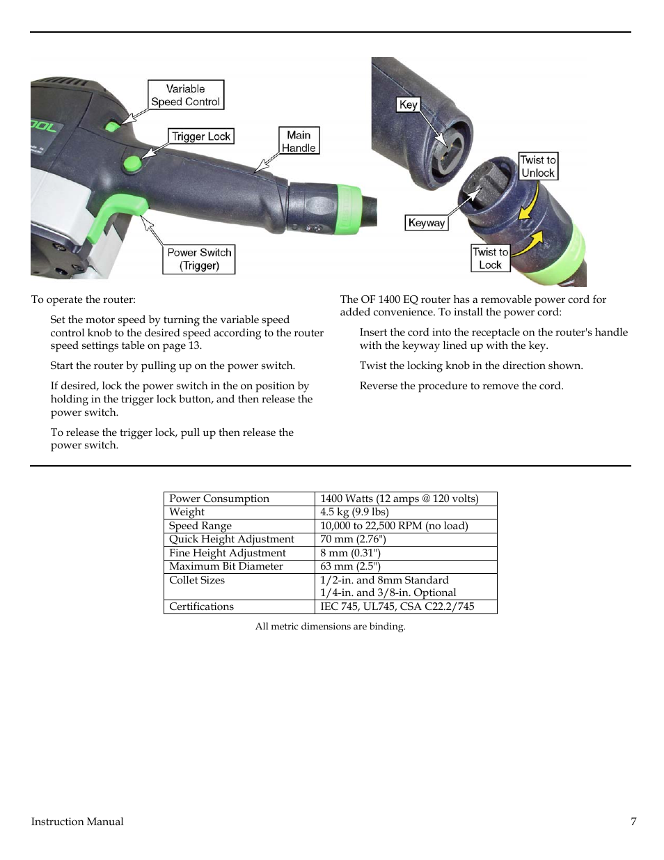 Power controls, Technical specifications | Festool Plunge Router I User Manual | Page 7 / 27
