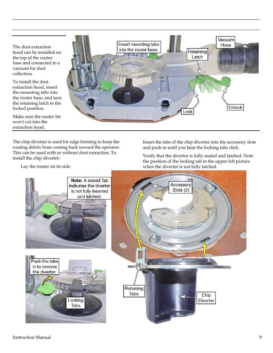 Dust collection, Dust extraction hood, Chip diverter | Festool Plunge Router I User Manual | Page 9 / 27