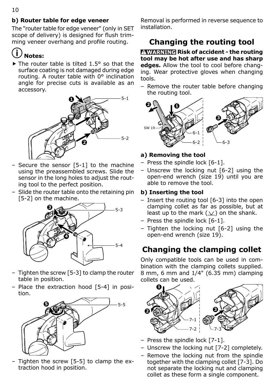 Changing the routing tool, Changing the clamping collet | Festool MFK 700 User Manual | Page 10 / 38