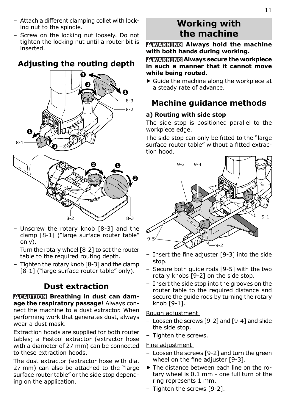 Working with the machine, Adjusting the routing depth, Dust extraction | Machine guidance methods | Festool MFK 700 User Manual | Page 11 / 38