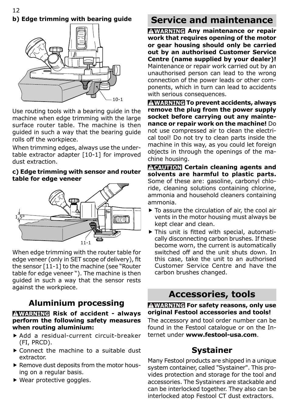Service and maintenance, Accessories, tools, Aluminium processing | Systainer | Festool MFK 700 User Manual | Page 12 / 38