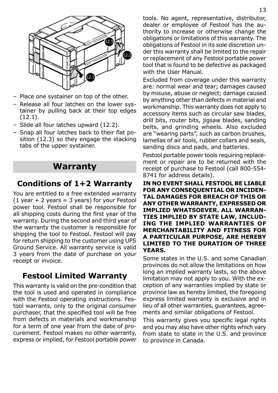 Warranty, Conditions of 1+2 warranty, Festool limited warranty | Festool MFK 700 User Manual | Page 13 / 38