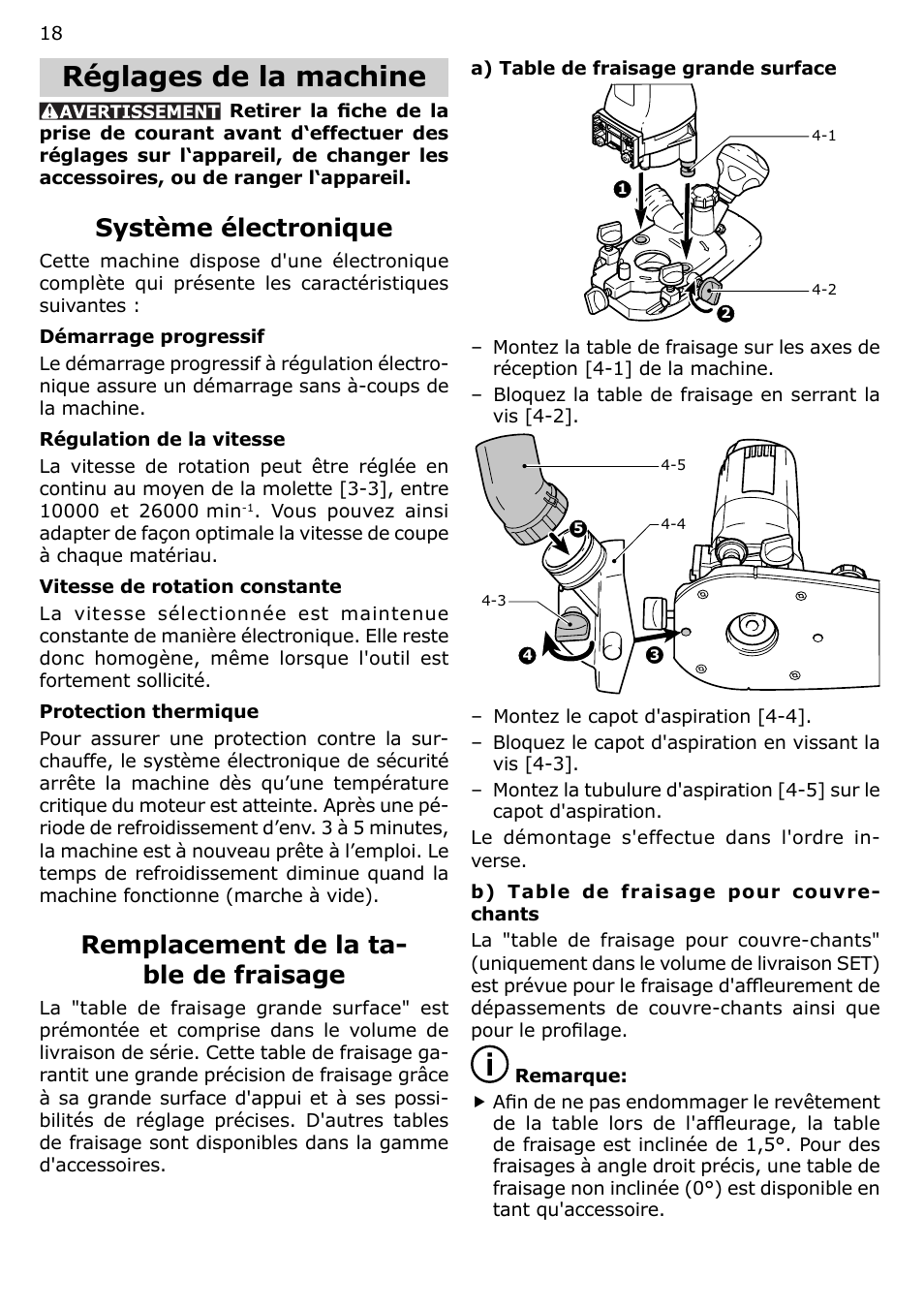 Réglages de la machine, Système électronique, Remplacement de la ta- ble de fraisage | Festool MFK 700 User Manual | Page 18 / 38
