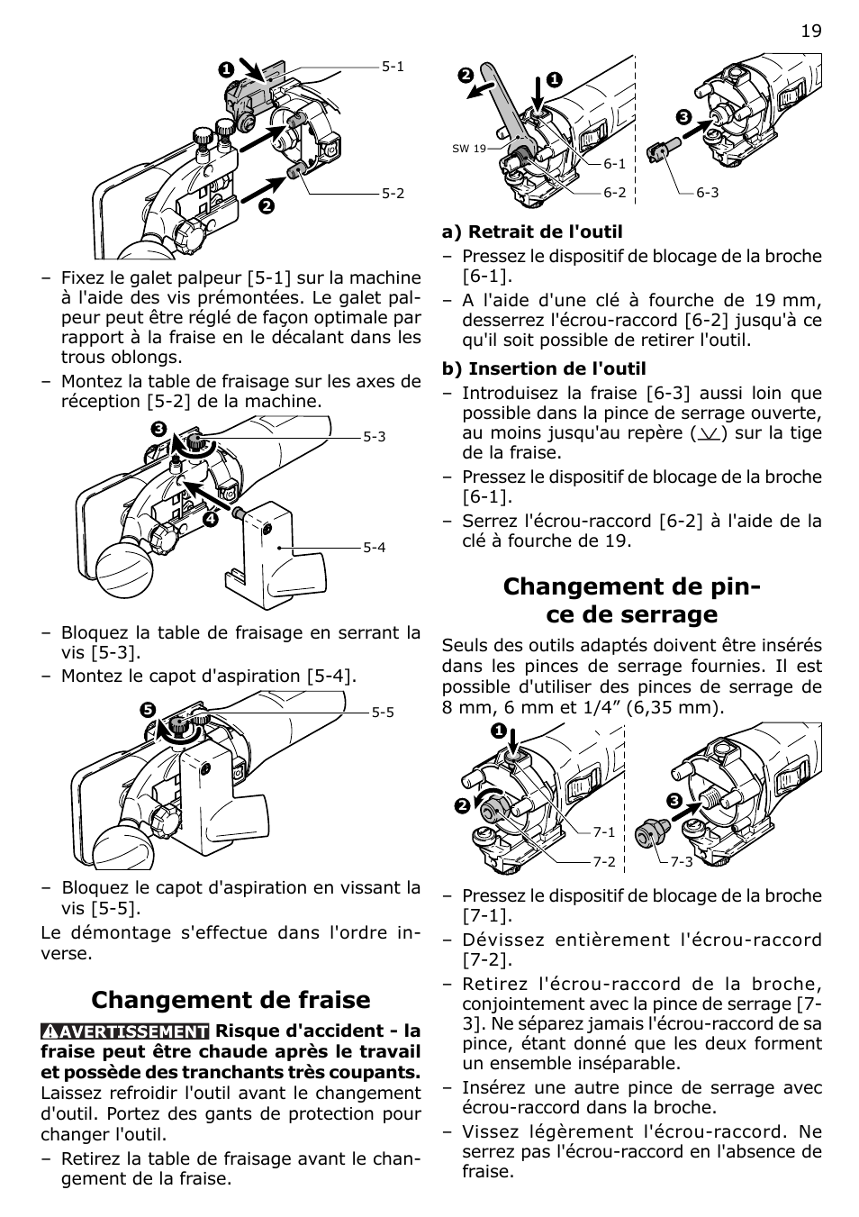 Changement de fraise, Changement de pin- ce de serrage | Festool MFK 700 User Manual | Page 19 / 38