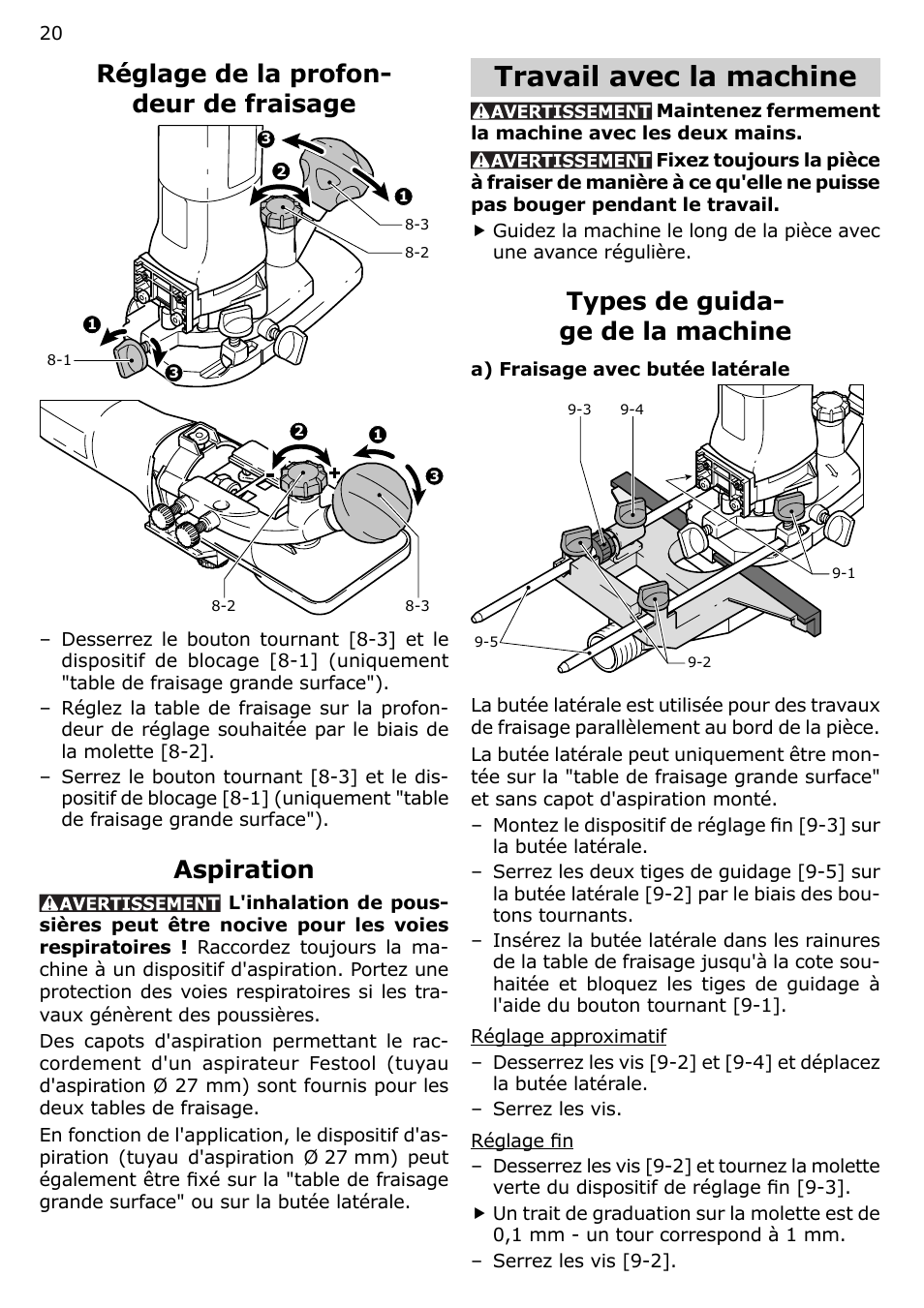 Travail avec la machine, Réglage de la profon- deur de fraisage, Aspiration | Types de guida- ge de la machine | Festool MFK 700 User Manual | Page 20 / 38