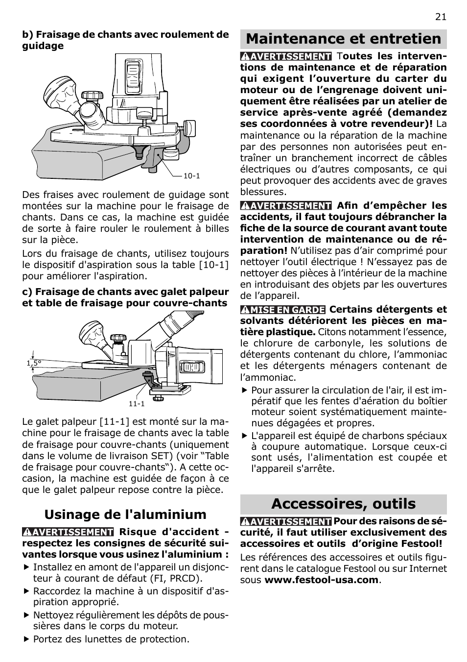 Maintenance et entretien, Accessoires, outils, Usinage de l'aluminium | Festool MFK 700 User Manual | Page 21 / 38