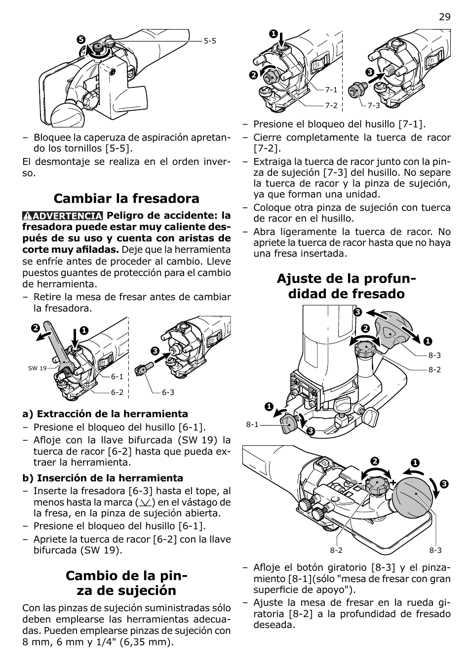 Cambiar la fresadora, Cambio de la pin- za de sujeción, Ajuste de la profun- didad de fresado | Festool MFK 700 User Manual | Page 29 / 38