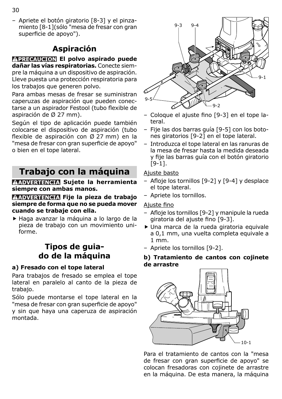 Trabajo con la máquina, Aspiración, Tipos de guia- do de la máquina | Festool MFK 700 User Manual | Page 30 / 38