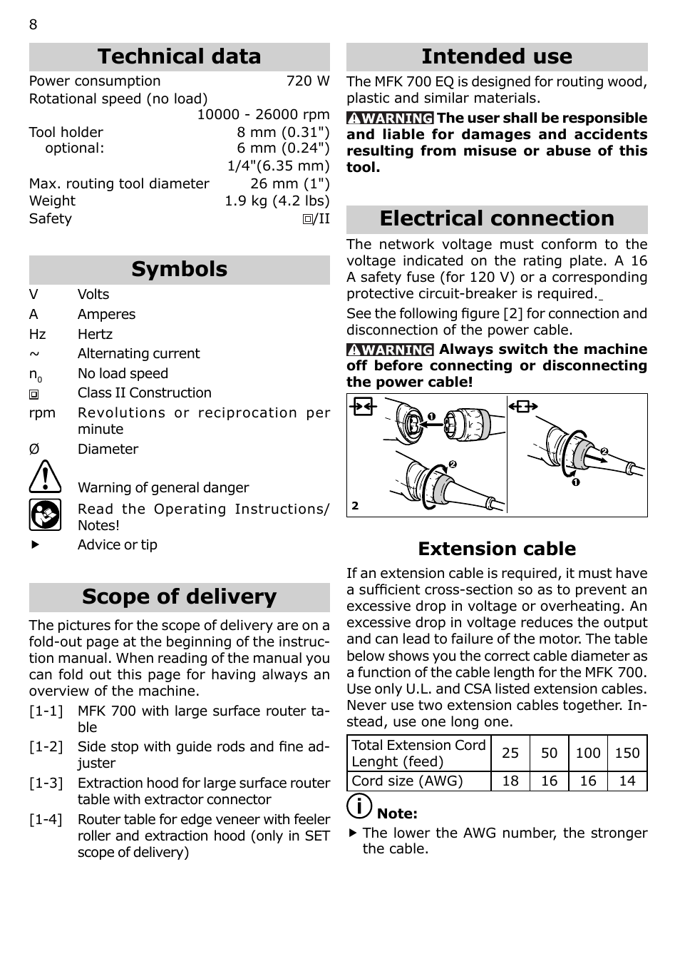 Technical data, Symbols, Scope of delivery | Intended use, Electrical connection, Extension cable | Festool MFK 700 User Manual | Page 8 / 38