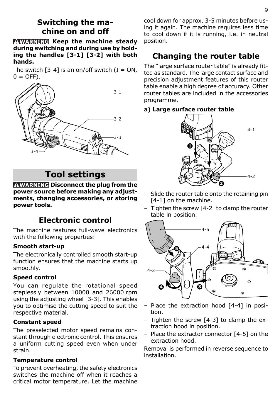 Tool settings, Switching the ma- chine on and off, Electronic control | Changing the router table | Festool MFK 700 User Manual | Page 9 / 38