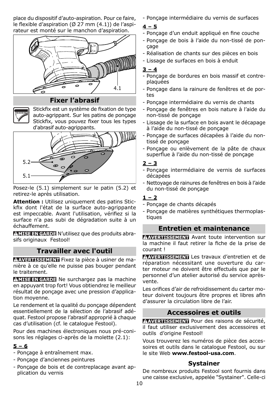 Fixer l’abrasif, Travailler avec l'outil, Entretien et maintenance | Accessoires et outils | Festool DTS 400 Q User Manual | Page 10 / 16