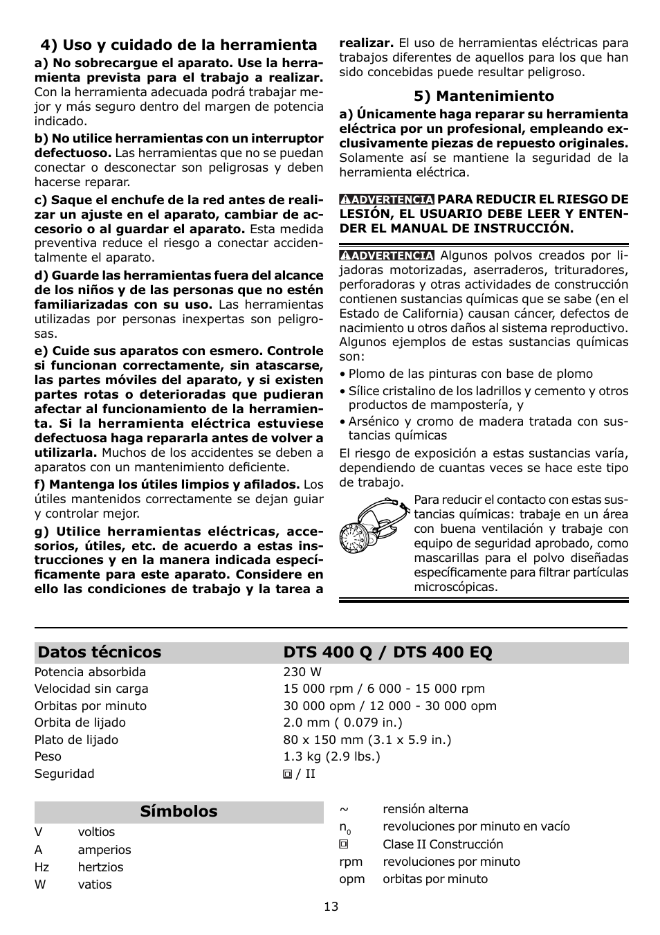 Símbolos | Festool DTS 400 Q User Manual | Page 13 / 16