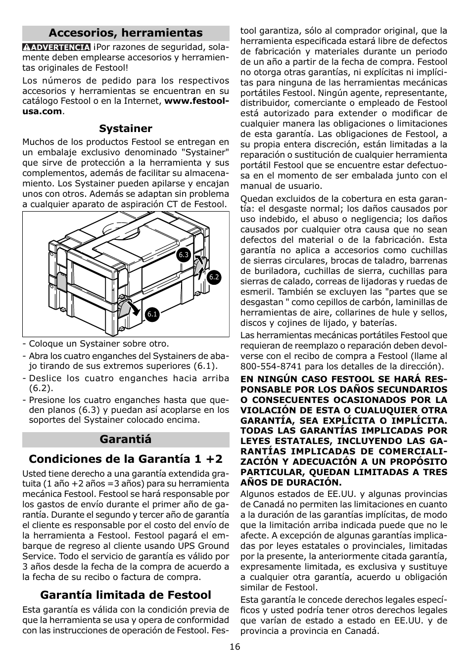 Accesorios, herramientas, Garantiá condiciones de la garantía 1 +2, Garantía limitada de festool | Festool DTS 400 Q User Manual | Page 16 / 16