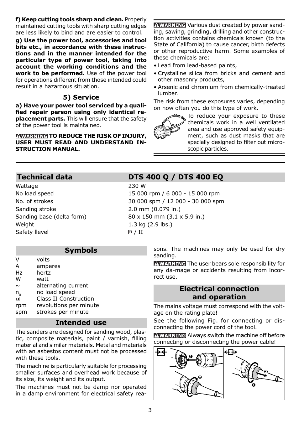 Symbols, Intended use, Electrical connection and operation | Festool DTS 400 Q User Manual | Page 3 / 16