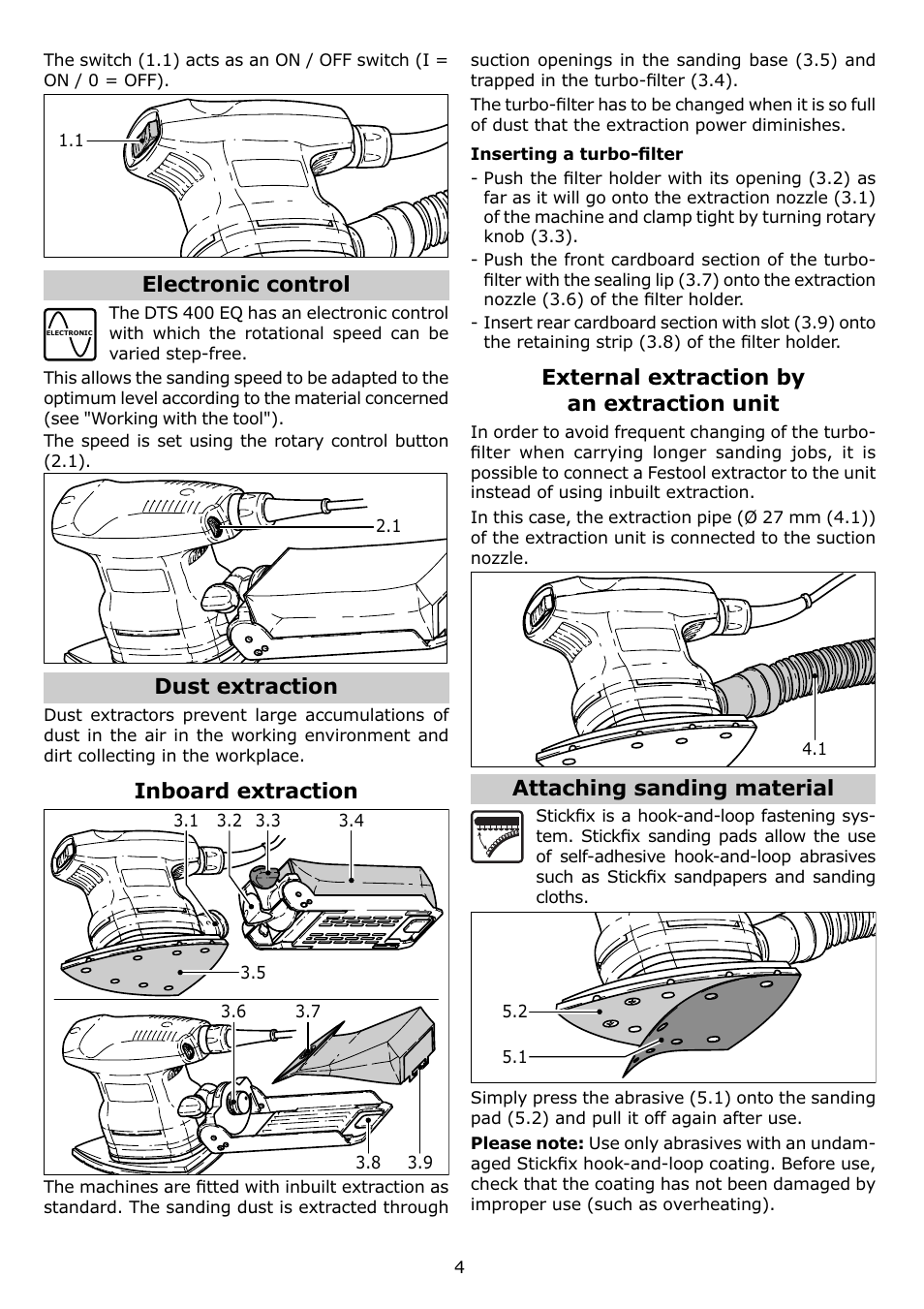 Electronic control, Dust extraction, Inboard extraction | External extraction by an extraction unit, Attaching sanding material | Festool DTS 400 Q User Manual | Page 4 / 16