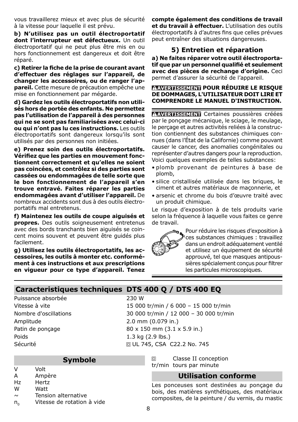 Symbole, Utilisation conforme | Festool DTS 400 Q User Manual | Page 8 / 16