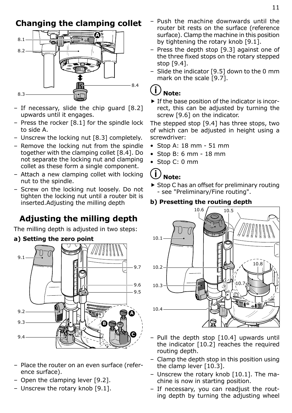 Changing the clamping collet, Adjusting the milling depth | Festool OF 2200 EB User Manual | Page 11 / 46