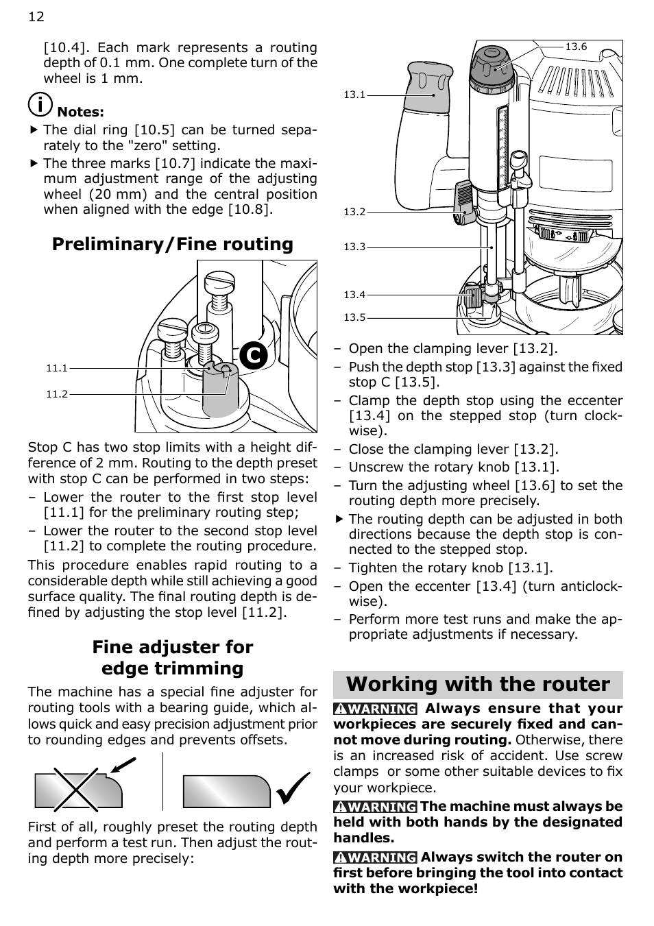 Working with the router, Preliminary/fine routing, Fine adjuster for edge trimming | Festool OF 2200 EB User Manual | Page 12 / 46