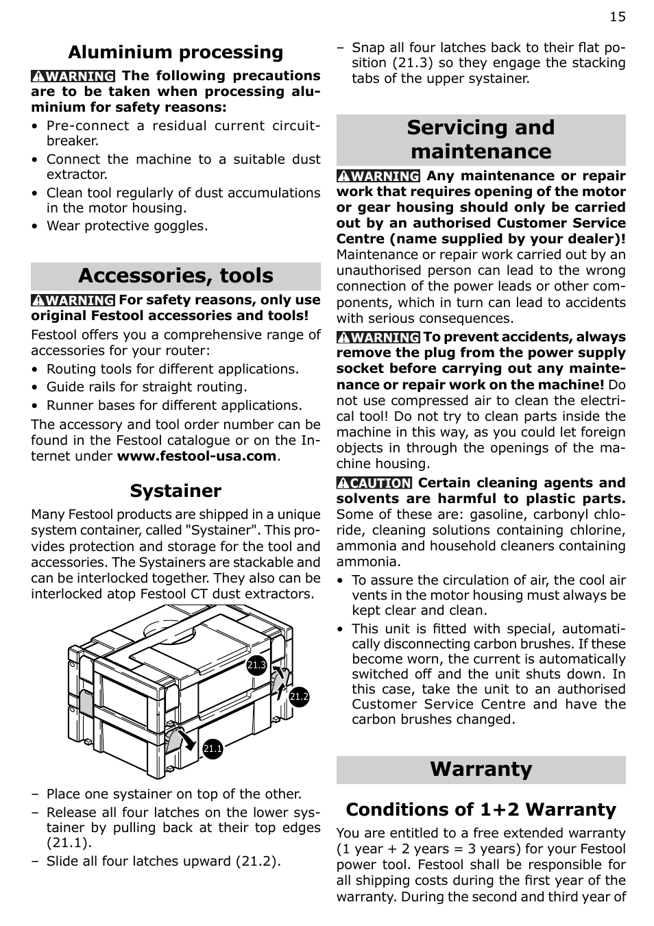 Accessories, tools, Servicing and maintenance, Warranty | Aluminium processing, Systainer, Conditions of 1+2 warranty | Festool OF 2200 EB User Manual | Page 15 / 46