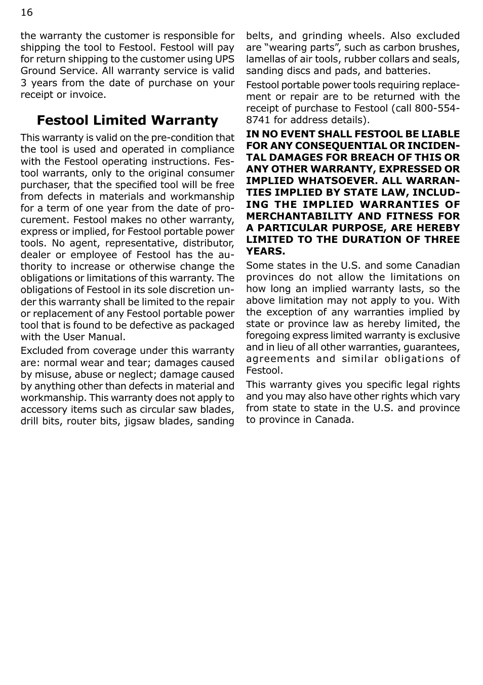 Festool limited warranty | Festool OF 2200 EB User Manual | Page 16 / 46