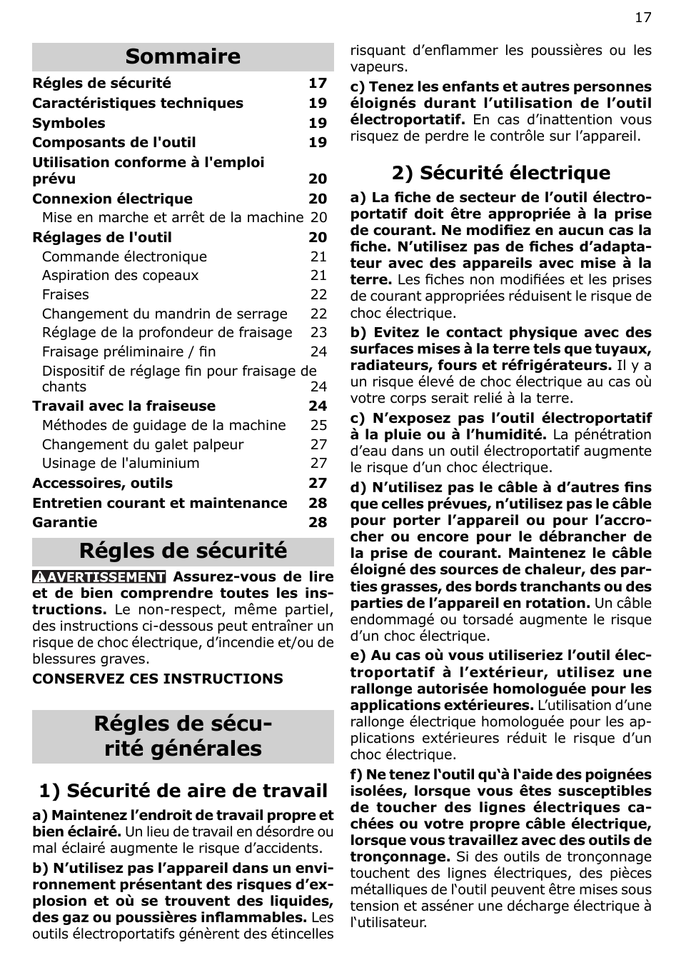 Sommaire régles de sécurité, Régles de sécu- rité générales, 1) sécurité de aire de travail | 2) sécurité électrique | Festool OF 2200 EB User Manual | Page 17 / 46