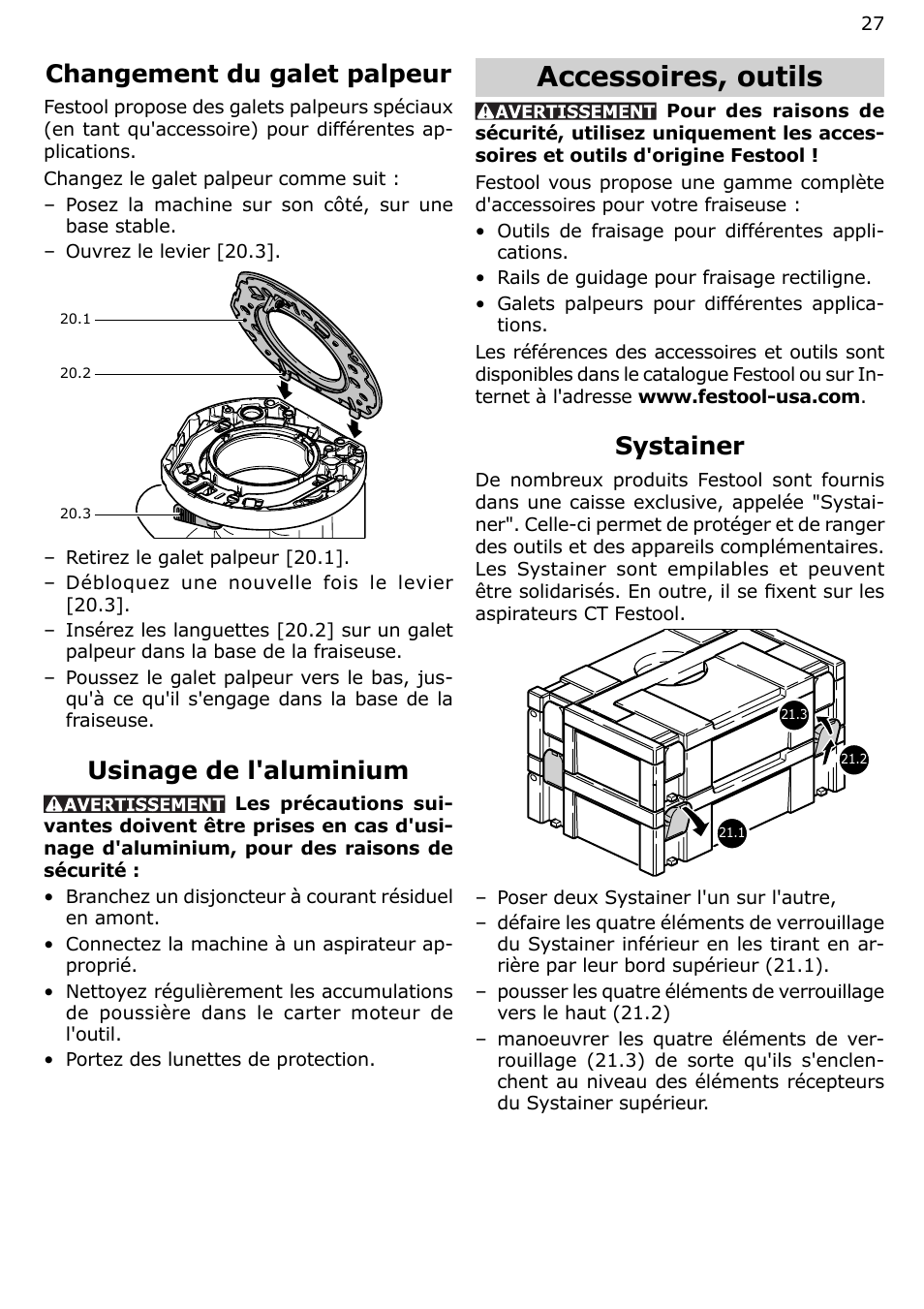 Accessoires, outils, Changement du galet palpeur, Usinage de l'aluminium | Systainer | Festool OF 2200 EB User Manual | Page 27 / 46