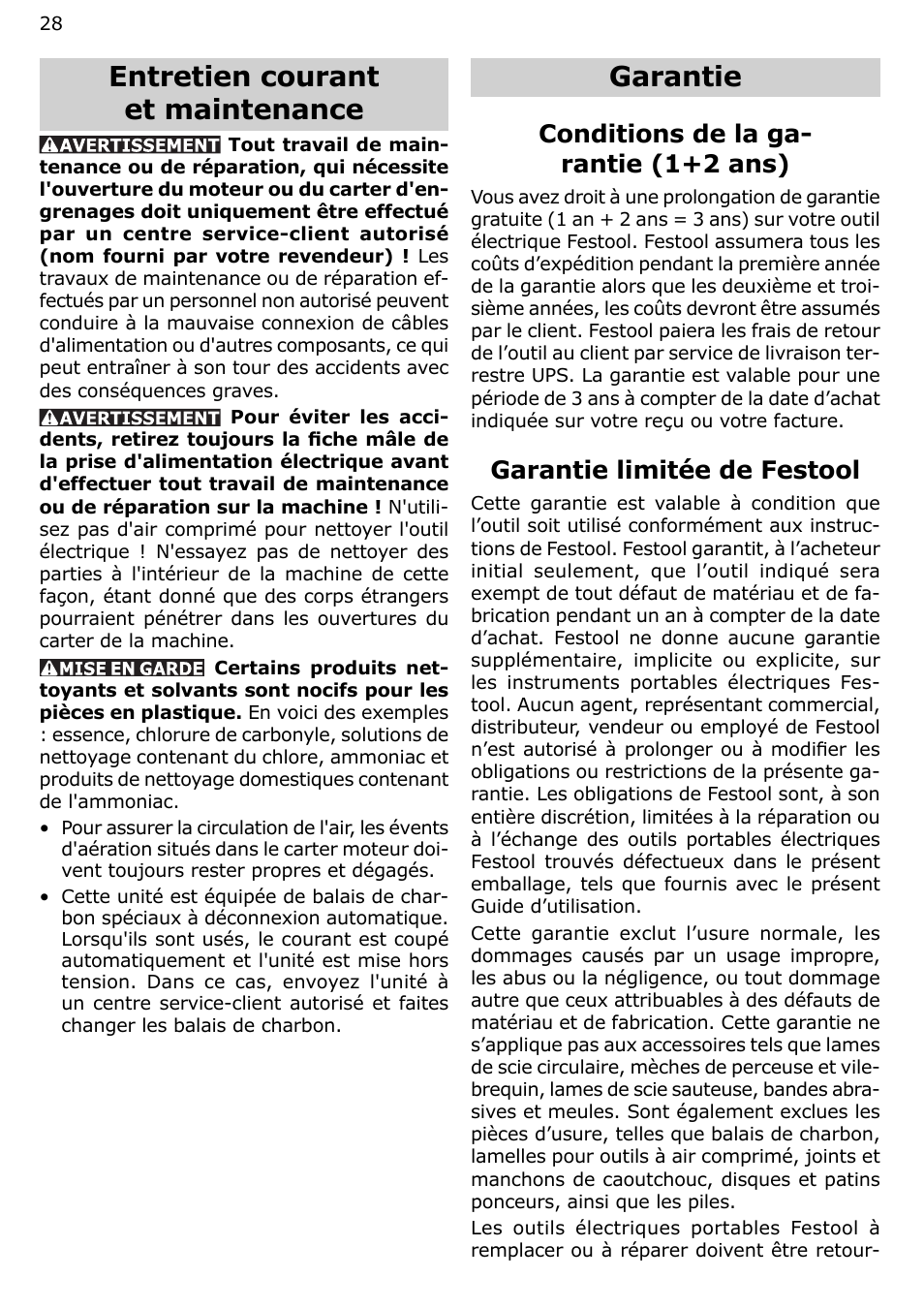 Entretien courant et maintenance, Garantie, Conditions de la ga- rantie (1+2 ans) | Garantie limitée de festool | Festool OF 2200 EB User Manual | Page 28 / 46