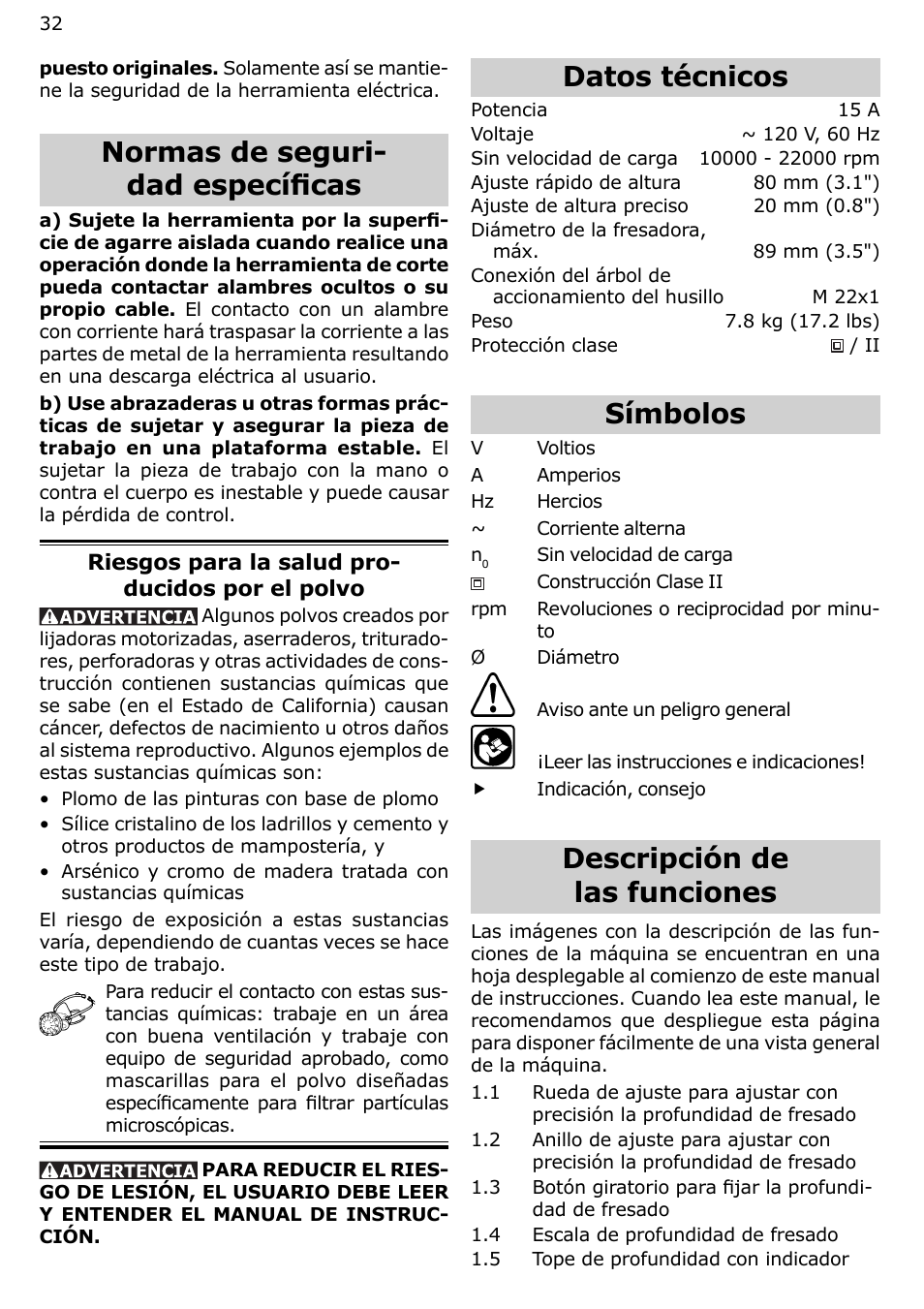Normas de seguri- dad específi cas, Datos técnicos, Símbolos | Descripción de las funciones | Festool OF 2200 EB User Manual | Page 32 / 46