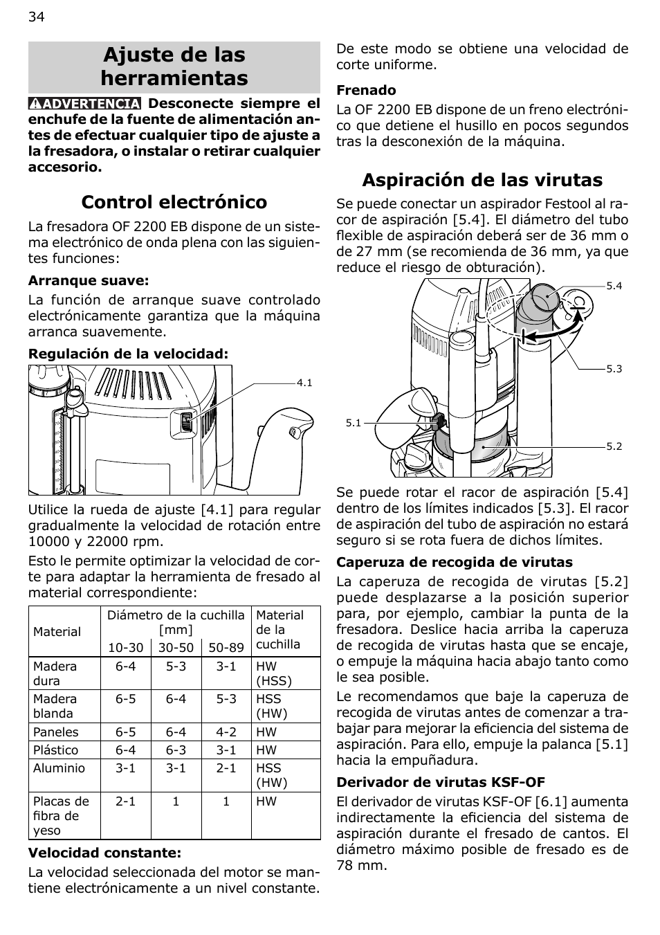 Ajuste de las herramientas, Control electrónico, Aspiración de las virutas | Festool OF 2200 EB User Manual | Page 34 / 46
