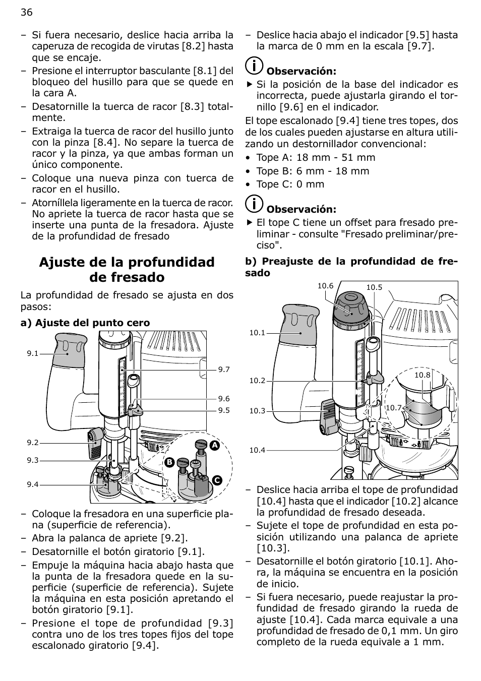 Ajuste de la profundidad de fresado | Festool OF 2200 EB User Manual | Page 36 / 46