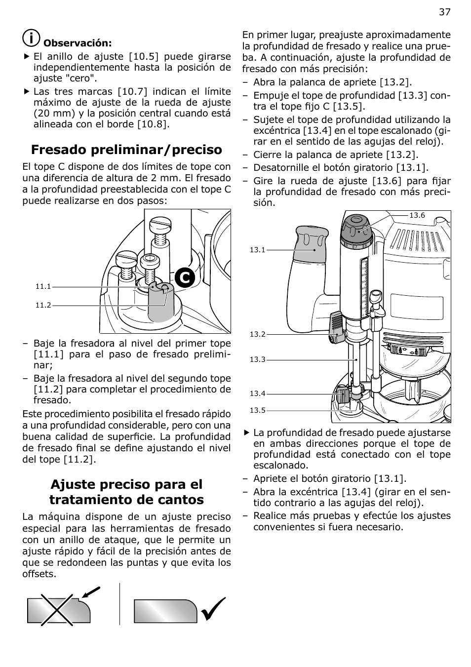 Fresado preliminar/preciso, Ajuste preciso para el tratamiento de cantos | Festool OF 2200 EB User Manual | Page 37 / 46